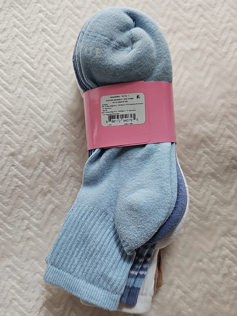 Hue Women's Mini-Crew Sock 5 Pack — Blue, White & Brown 5 Pairs NWT Cotton Nylon